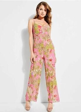 GUESS Perrie Floral Jumpsuit Women’s 0 Orchid Jungle Wide Leg Palazzo